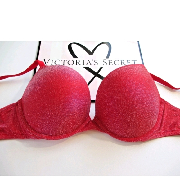 VICTORIA'S SECRET PINK Super Push-Up Bra VS Red Lurex Shine NWT - Picture 3 of 7